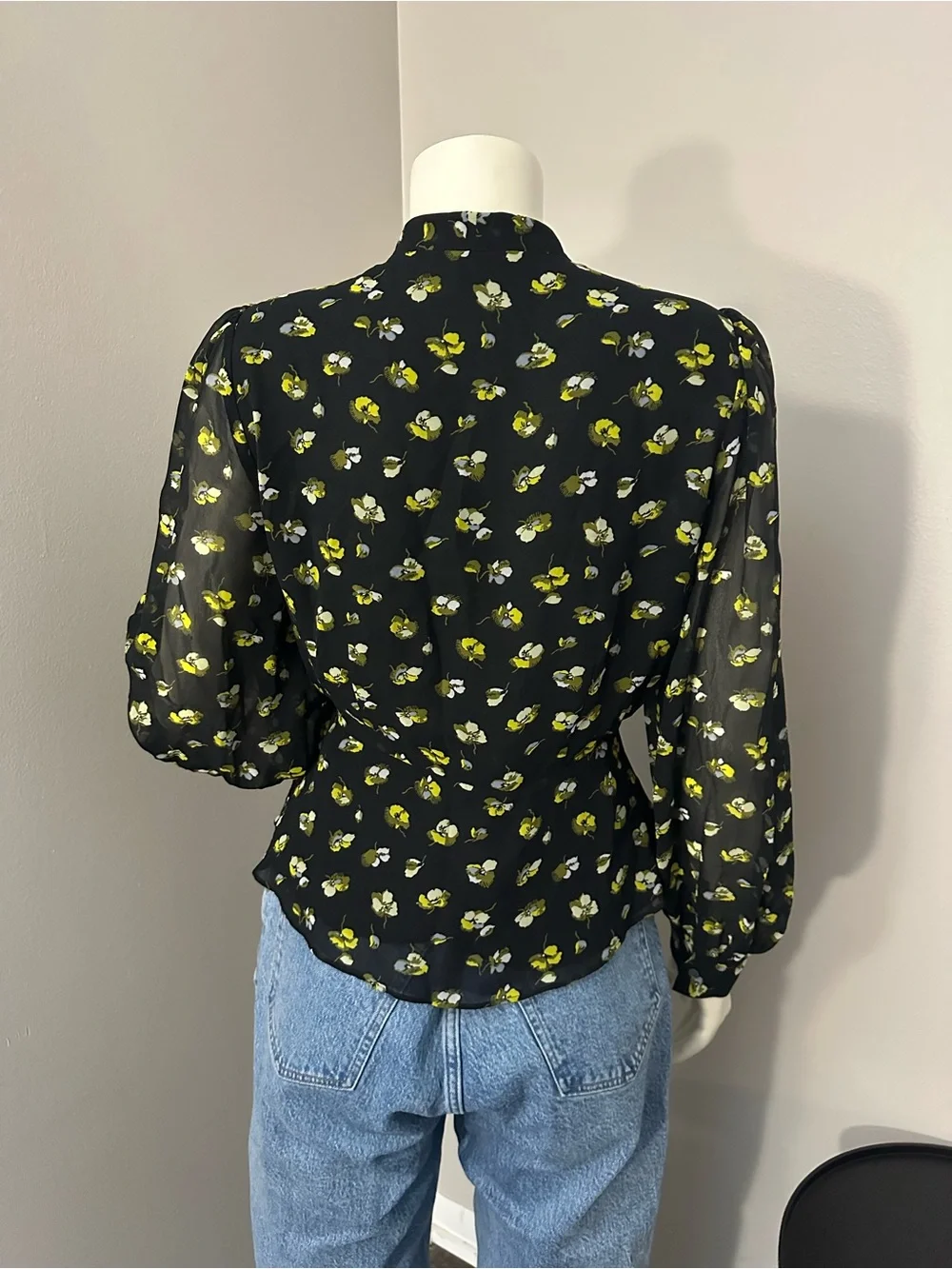 Banana Republic Black Sheer Floral Blouse with Yellow Accent